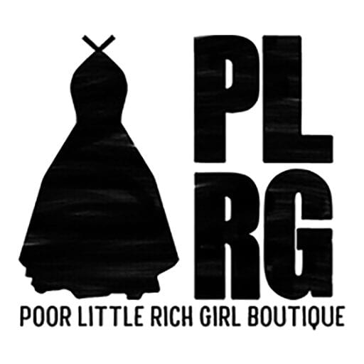 black and white PLRG logo for Poor Little Rich Girl Boutique with a black dress